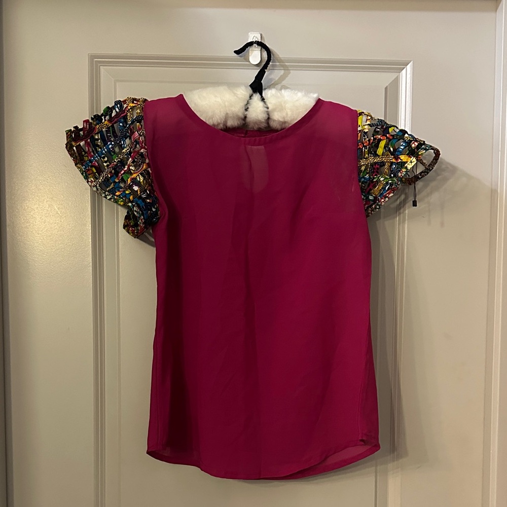 Vibrant Pink Top with Multicolor Ankara Sleeves
